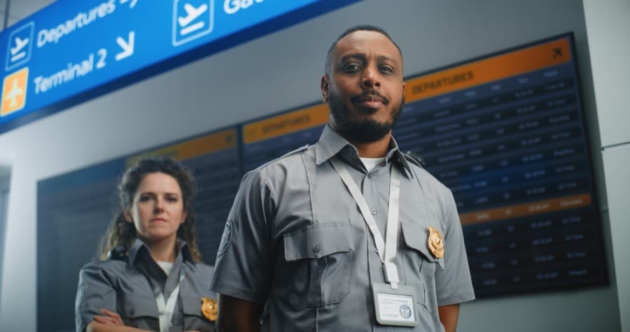 A large, stern TSA agent in his thirties at an airport security checkpoint, illustrating the intensity of the pat-down experience.