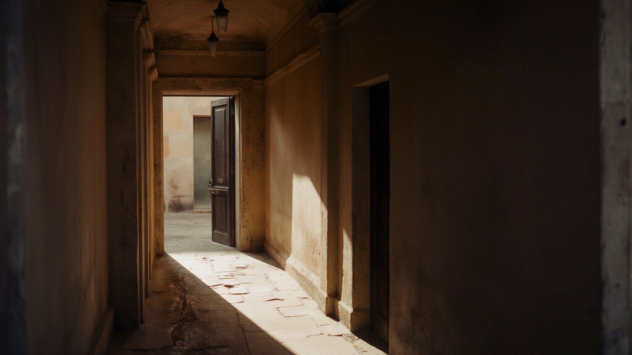 A quiet stone corridor with warm afternoon light falling through a half-open doorway at the far end.
